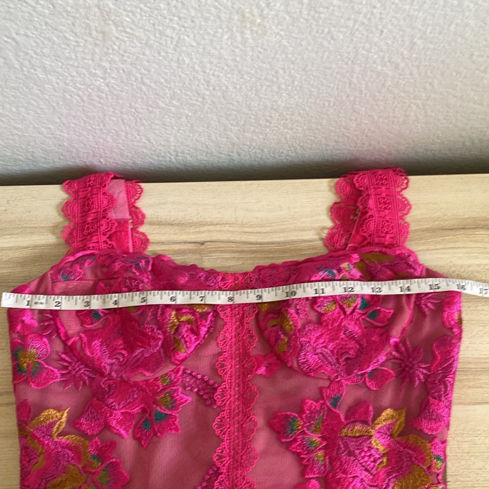 Bronx and Banco Hot Pink Lace Appliqué Asymmetric Midi Dress - Picture 14 of 16